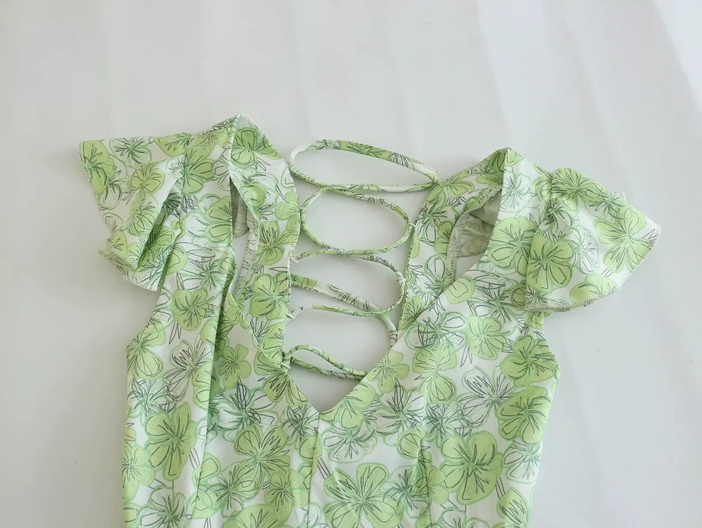 ZARA Green Print Fitted Short Sleeve Dress
